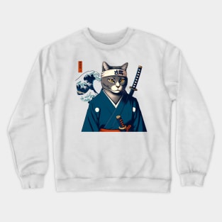 Vaporwave Samurai Cat Great Wave Off Kanagawa Crewneck Sweatshirt